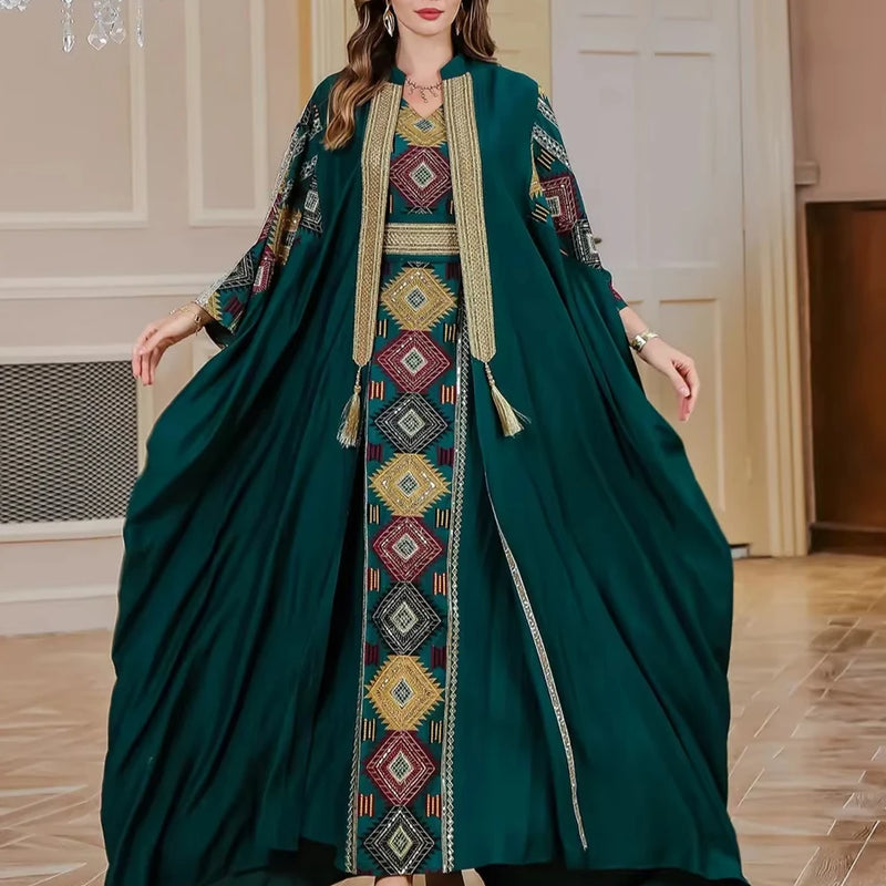 Eid Muslim 2 Piece Set Women Embroidery Dresses Open Abaya Suit Jalabiya Ramadan Dubai Kaftan Party Vestidos Cardigan Robe 2025