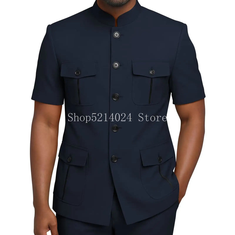 Mens Safari Suit 2 Piece Short Sleeve Suits for Men Regular Fit Stand Collar Suit African Clothes