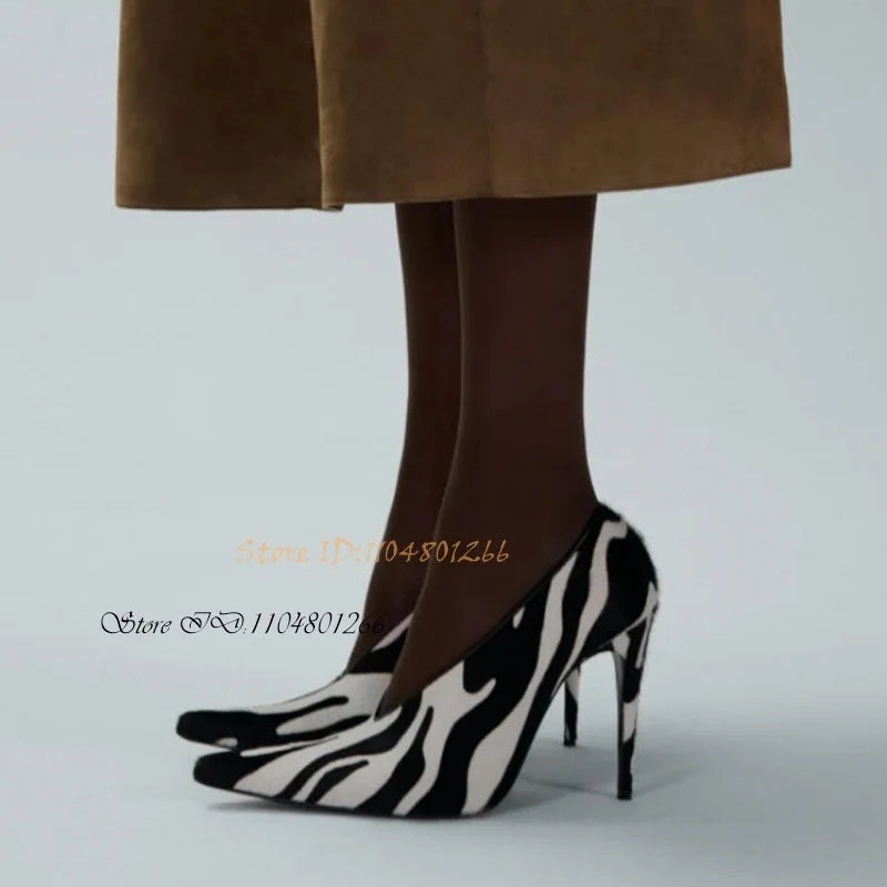 Zebra Pattern Print Leather Stiletto Pumps Pointed Toe Thin Heels Women's Spring Autumn Shallow Slip On Trending High Heels