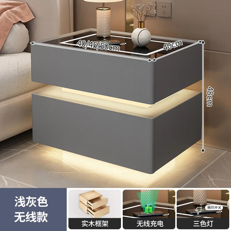 Modern Style Solid Wood Bedside Table with Wireless Charging Smart 2 Drawers Bedroom Nightstands with Lock 40/45/50cm