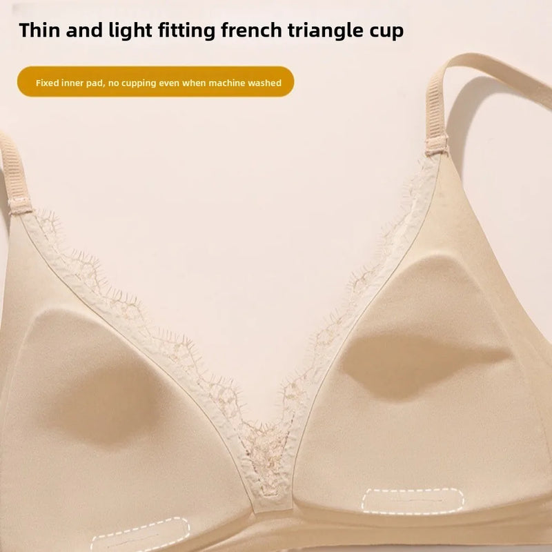 Ins Simple Satin Satin Wireless V Bra V Lace Neck Traceless Push Up Underwear Lingerie Solid Color Satin Lace Brassiere Running