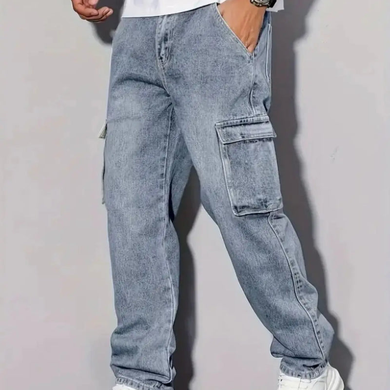 Men's American Retro Casual Cargo Jeans, Loose Fit, Solid | SAMAG