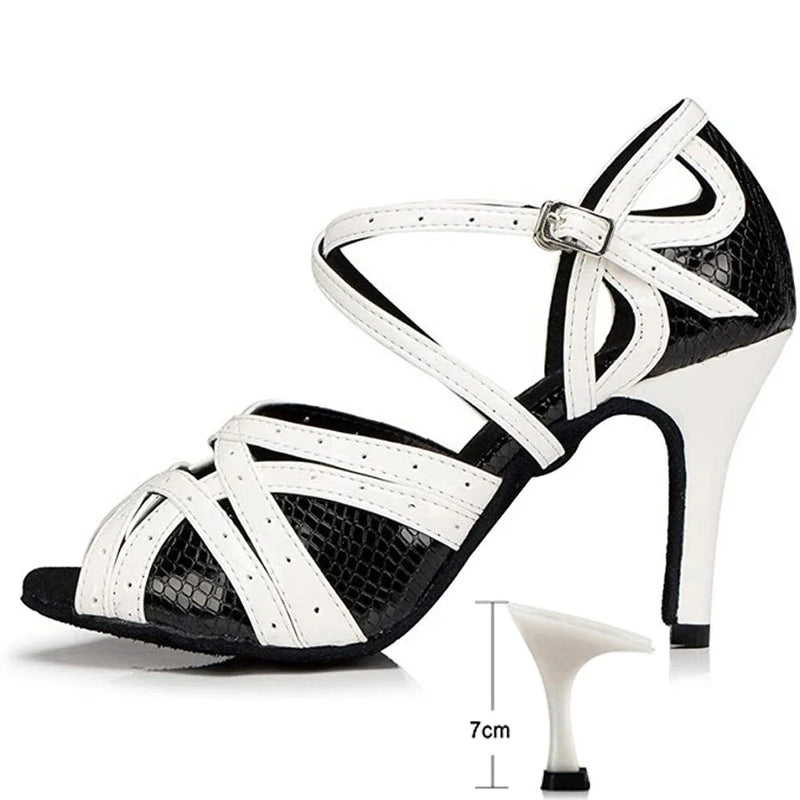 Black White Latin Dance Shoes for Womens Soft Bottom Indoor Jazz Tango Cha Cha Party High Heel Girl Dancing  Hollow Out Sandals