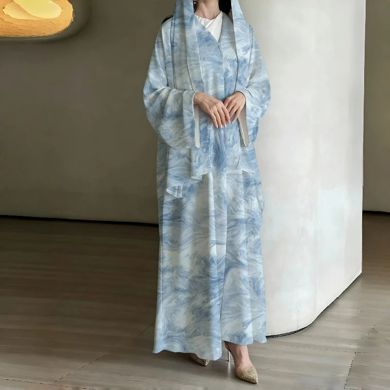 Horetong Muslim Abaya Robe Women Marble Print Chiffon V | SAMAG