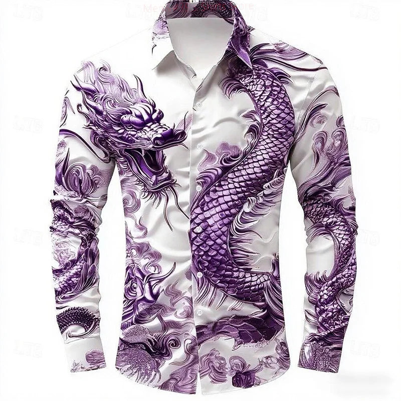 Multicolour Dragon Men's Long Sleeve Shirt Button Fashion | SAMAG