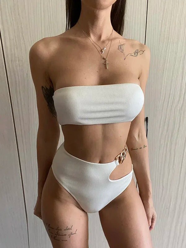 Metal Chain Ribbed Female Bandeau Swimsuit High Waist | SAMAG