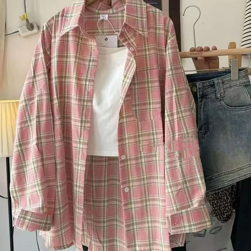 Harajuku Oversize Loose Plaid Shirts Female Lazy Style Long Sleeve Out Wear Casual Blouses Vintage All-match Students Shirt