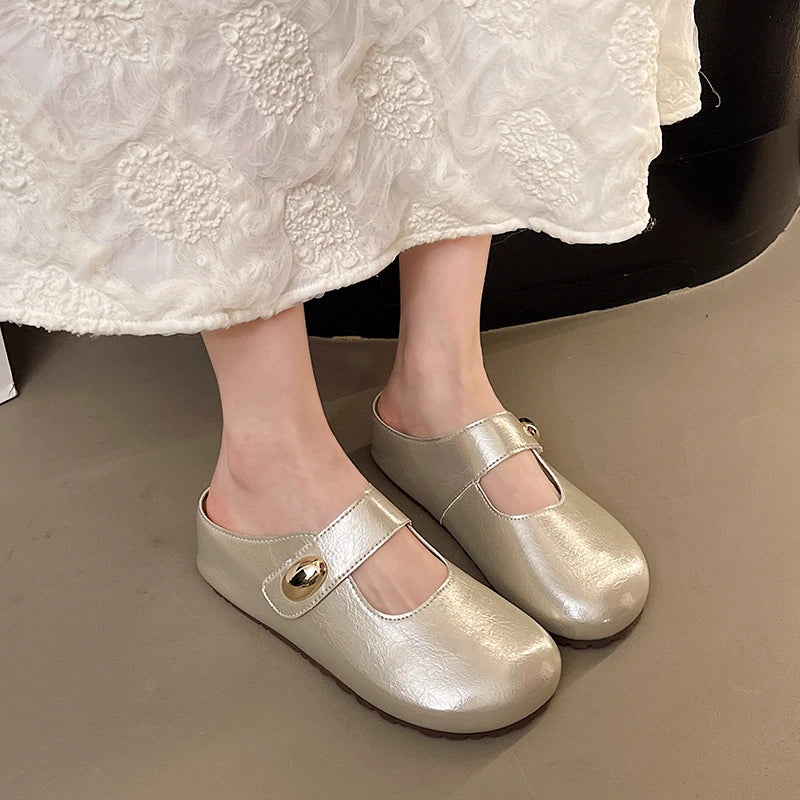 Summer Women Metallic Round Toe Mary Jane Hook & Loop Strap Mules Clogs Non Slip Casual Flats Sandals Slippers Shoes for Ladies