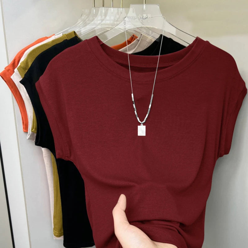1pcs Women T Shirt Summer Sleeveless Round Neck Breathable Loose Leisure Tops Comfort Lady Basic Tee Solid Female Ice Silk Vests