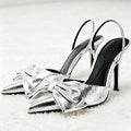 Luxury Silver High Heeled Sandals Women Sexy Pointed Toe Back Strap Thin Heels for Women Elegant Bow Design Banquet Dress Shoes