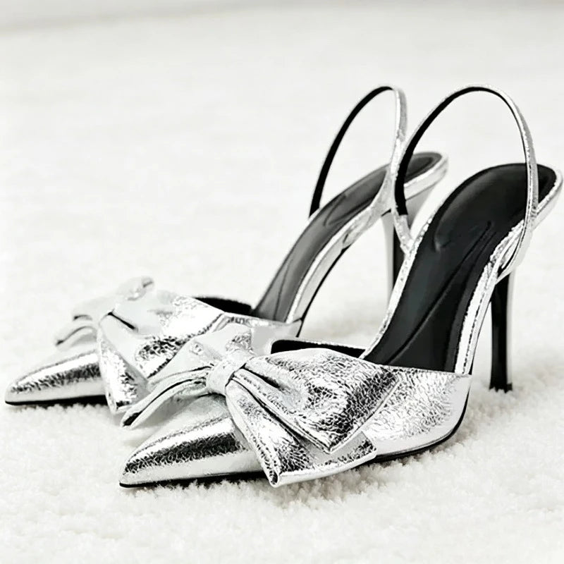 Luxury Silver High Heeled Sandals Women Sexy Pointed Toe Back Strap Thin Heels for Women Elegant Bow Design Banquet Dress Shoes