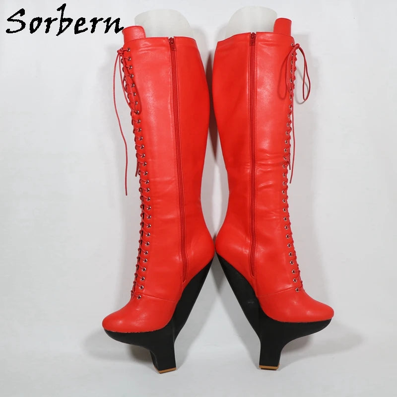 Sorbern Red Matte Hard Shaft Boots For Women Small Heels Knee Hjigh Lace Up Fetish Cosplay Boots Custom Colors