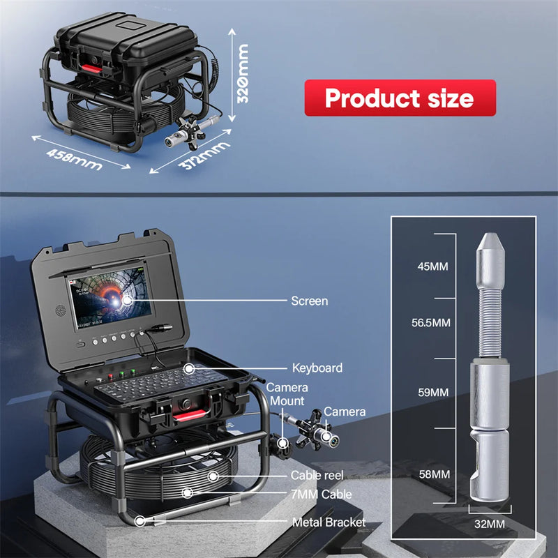 360 Rotating Sewer Pipe Inspection Camera 9″ 32MM Camera IPS+1080P Screen +512HZ Transmitter+Meter Counter+Keyboard Sewer Camera