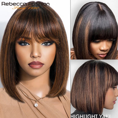Put On And Go Easy Wear Human Hair Bob Lace Straight Wigs With Bangs Middle Part Bangs Wigs Brazilian Remy Hair Wigs Real Scalp