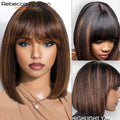 Put On And Go Easy Wear Human Hair Bob Lace Straight Wigs With Bangs Middle Part Bangs Wigs Brazilian Remy Hair Wigs Real Scalp