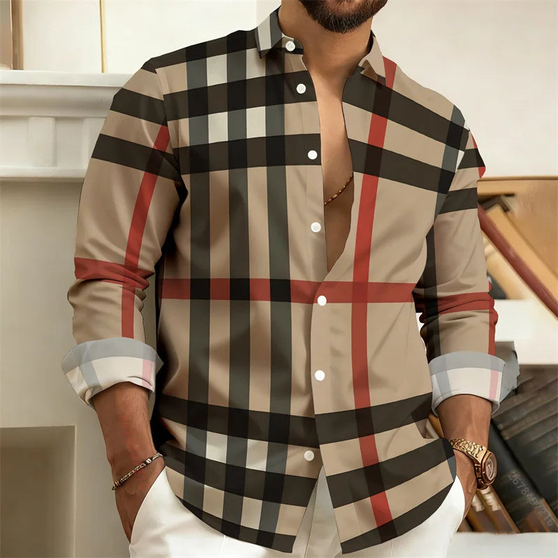 Best-Selling Men's 3D Printed Plaid Long-Sleeved Shirt | SAMAG
