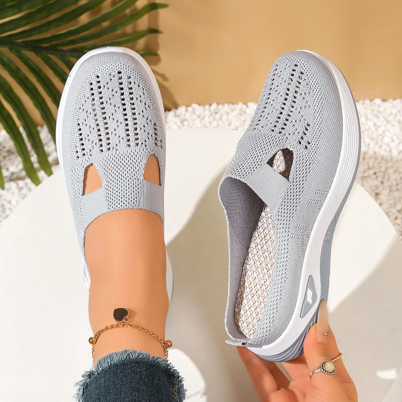 Women's Backless Walking Mules Non-Slip Breathable Knit Slippers for Elderly Ladies Indoor Outdoor Casual Shoes