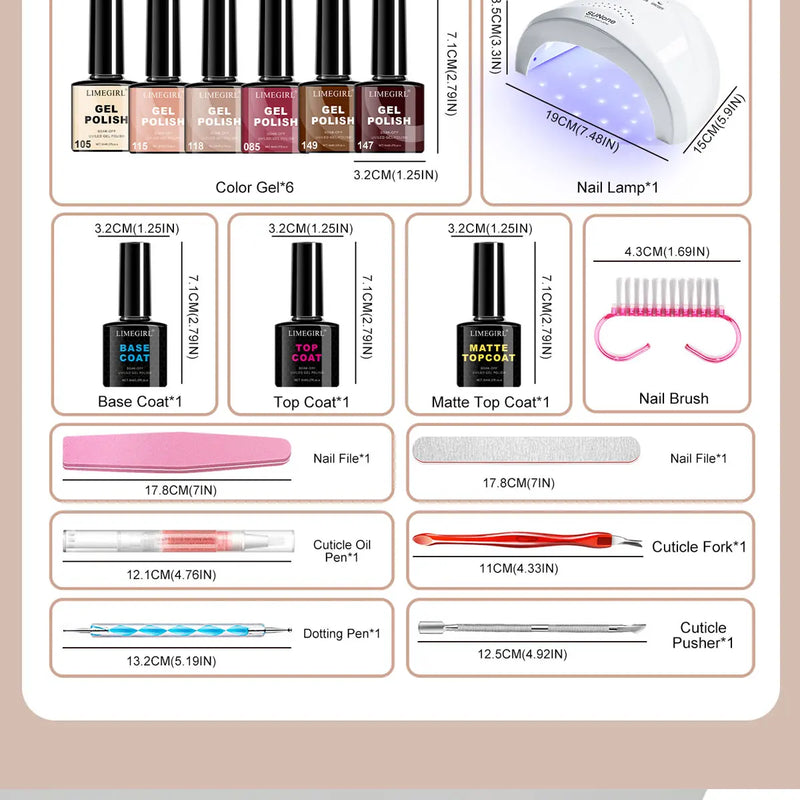 Gel Nail Polish Set for Beginner 6 PCS 8ML Glitter Art Gel Varnish with Base Coat Top Coat and UV Lamp for Manicure Salon Tools