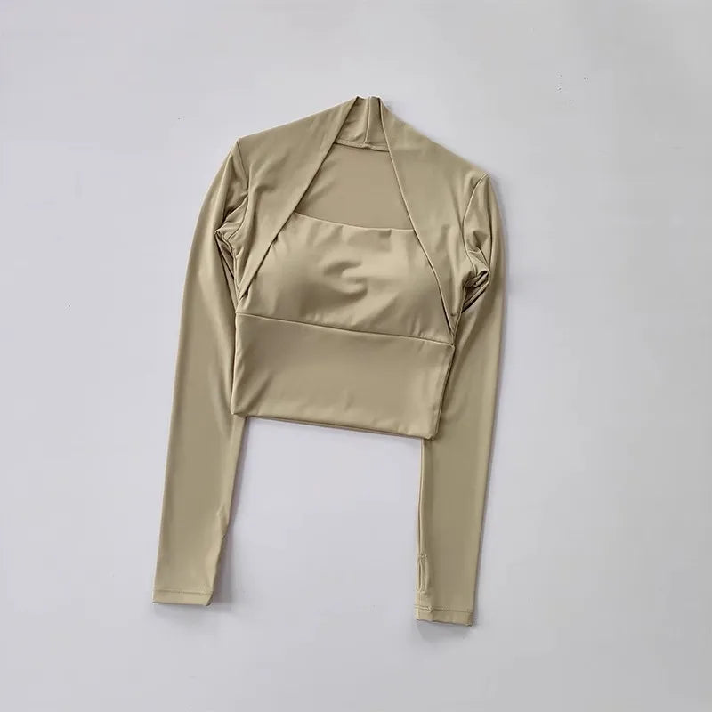 Women's Elegant Long Sleeve Yoga Shawl Sports Top with Chest Cushion Short Elegant Yoga Top Small Camback Pura Speed Dry Autumn