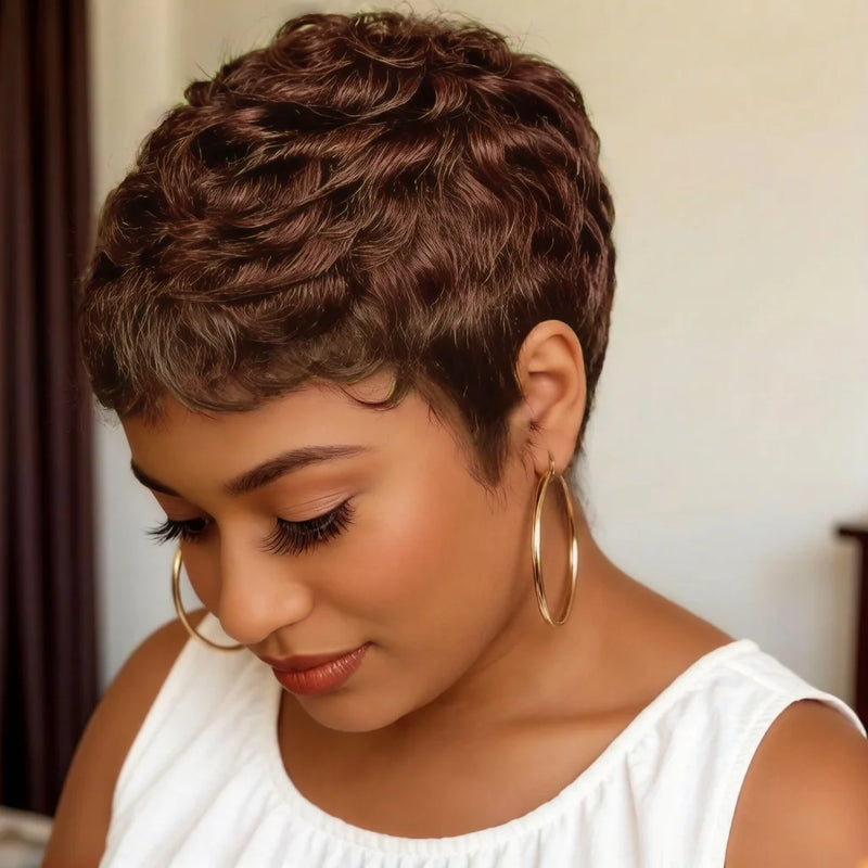 Short Pixie Cut Human Hair Wig 6inch Full machine made wig Remy Human Hair, Burgundy 99J Color Layered Wigs for Women