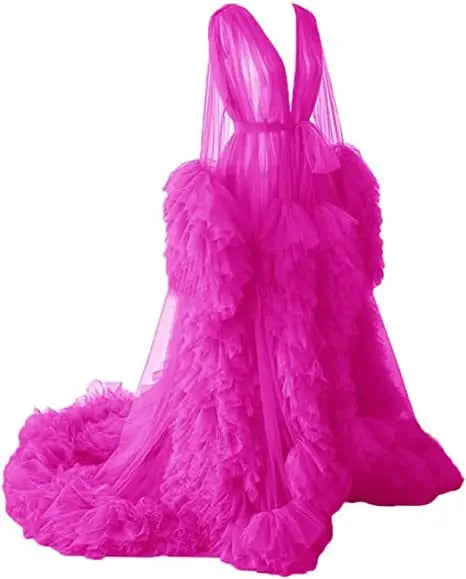 Women's Dressing Gown Perspective Sheer Long Tulle Robe Puffy Pregnancy Maternity Dress for Baby Shower Nightgown Sleepwear