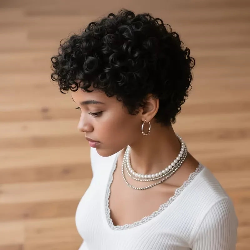 Curly Short Layered Pixie Cut Wig For Women 100% Human Hair Full Machine Made Natural Realistic Tangle-Free Easy To Maintain