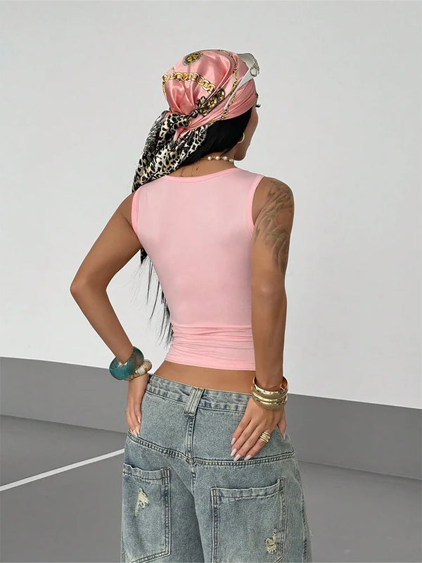 Summer Letter Print U-Neck Tank Top Sleeveless Slim Fit Casual Streetwear Y2K Vintage New Trendy Women's Cropped Vest