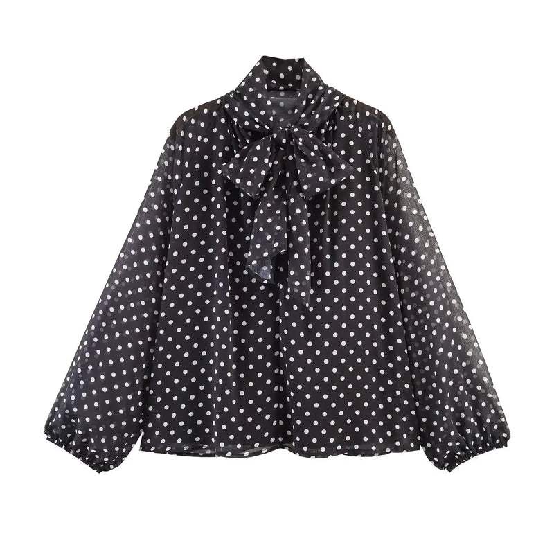 Women Polka Dot Print Blouse Casual High Collar Long - View 7 | SAMAG