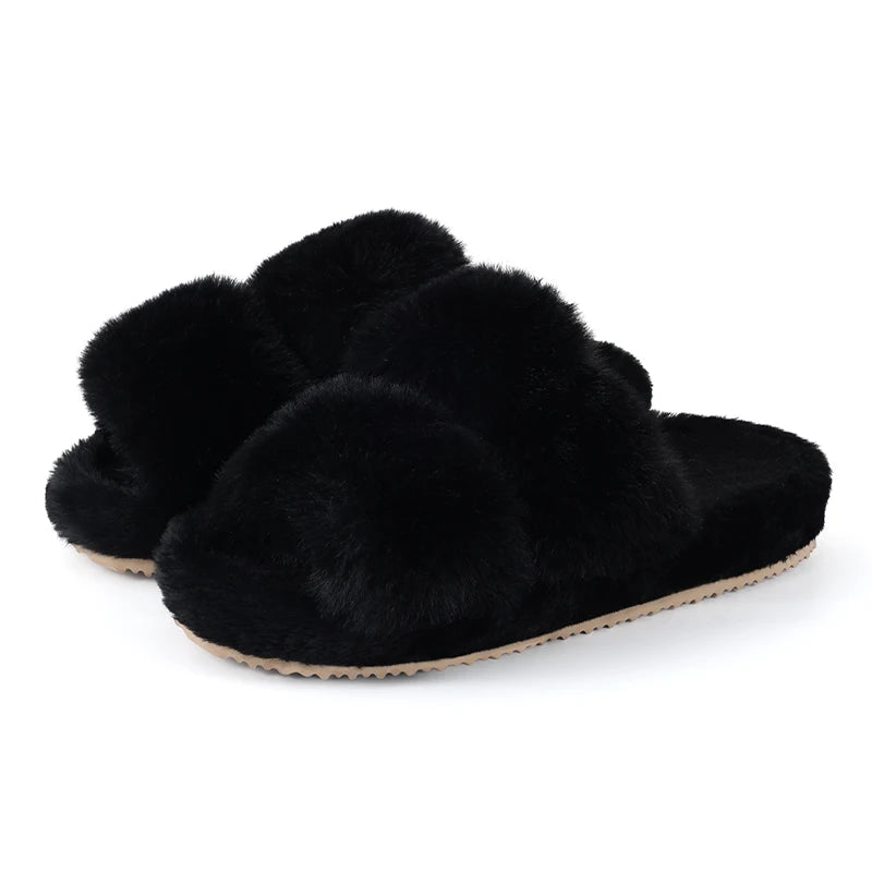 Smile PoP Classic Fuzzy Fluffy Slippers Women Winter Women Slippers Indoor Short Plush House Slippers Antiskid Flat Lady Slipper