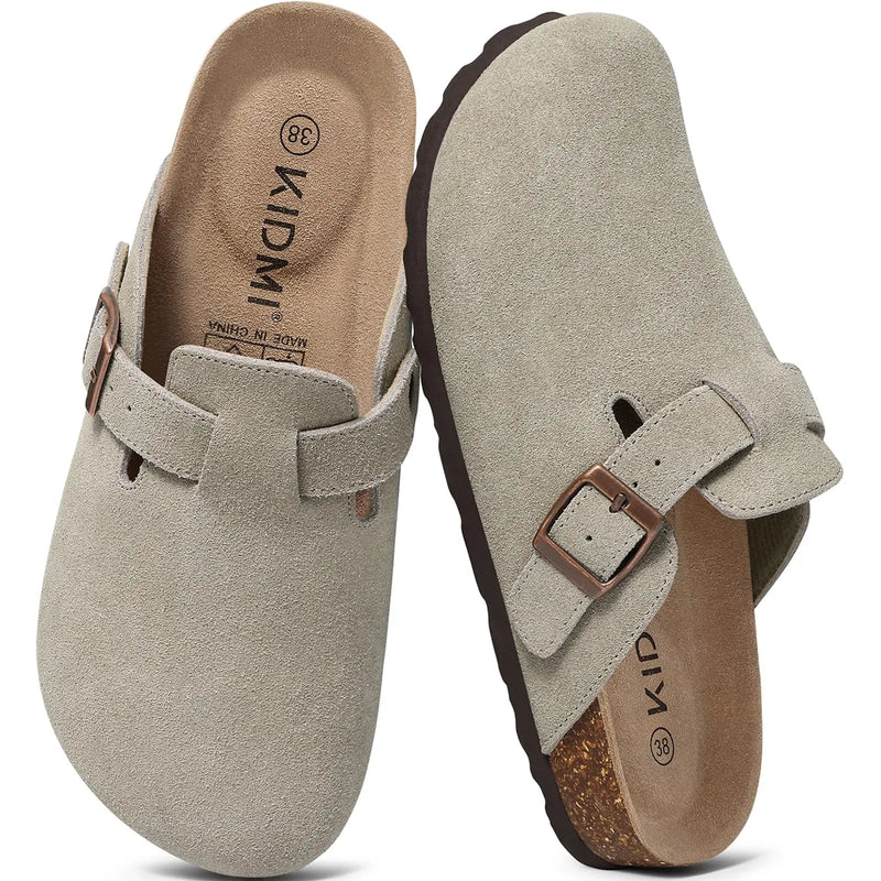 Comwarm Arch Support Unisex Clogs Slippers With Adjustable Metal Buckle Vegan Suede Mules Anti-slip Cork Footbed Potato Shoes