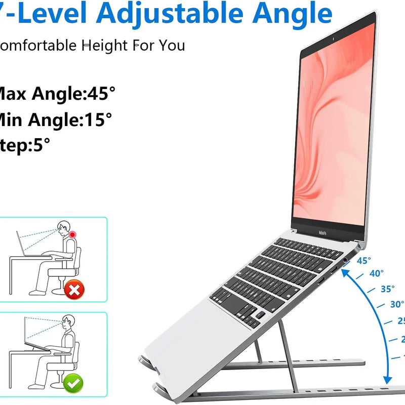 Foldable Aluminum Laptop Stand, 7-Level Adjustable Height, Anti-Slip Silicone Pads, Portable for 10-15.6 Inch Laptops & Tablets
