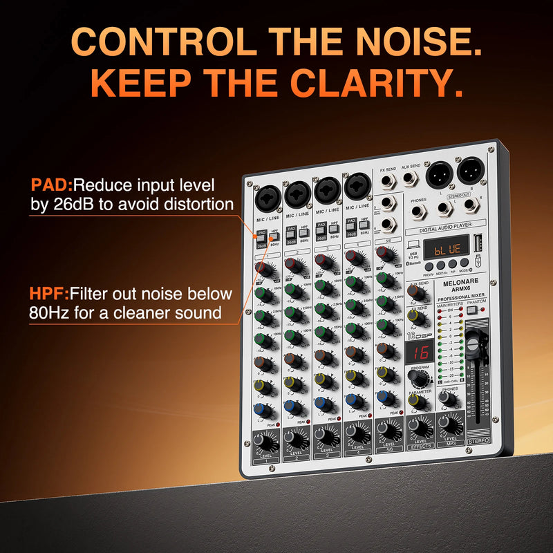 6-Channel Audio Mixer, DJ Mixer with USB Audio Interface, Bluetooth Function, 16 DSP Effects, and 3-Band EQ (ARMX-6)
