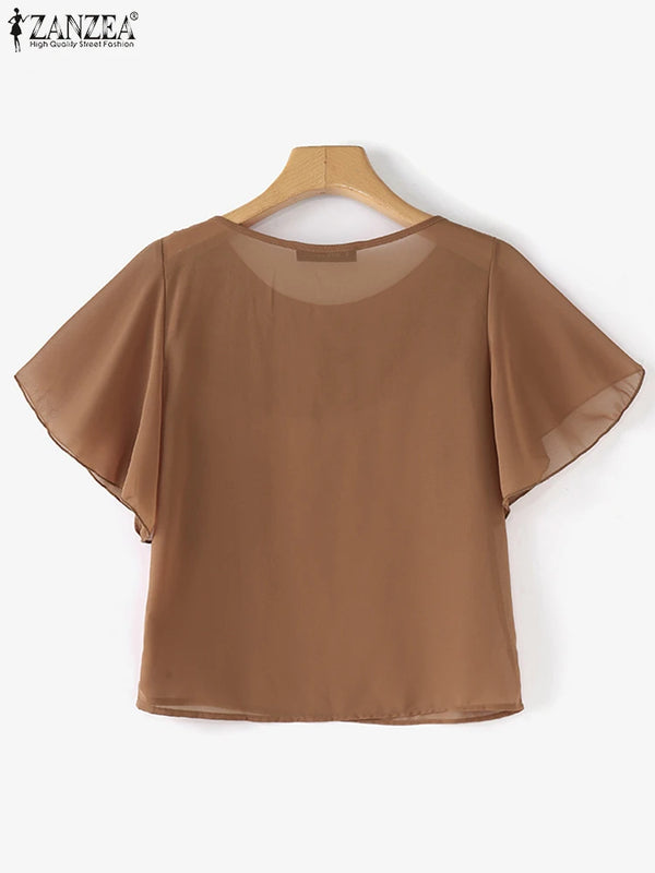 ZANZEA Summer Women Chiffon Blouse Elegant Ruffle Short - View 5 | SAMAG