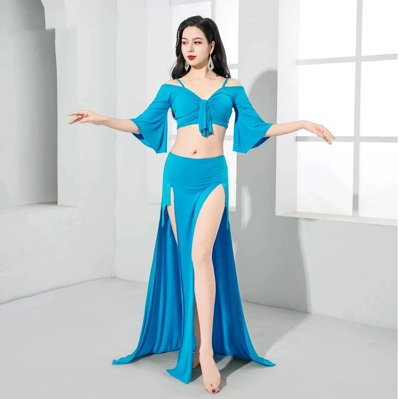 Women Girls Belly Dance Costume Set 2 Piece Half Sleeve Top Long Tassel Skirt Professional Bellydance Training Performance Wear