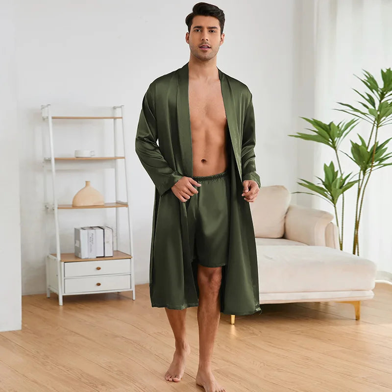 Men's Nightgown Shorts Set Solid Color 2-Piece Loungewear Bathrobe Shorts Set Thin Pajamas Kimono Bathrobe Long Robe Sleepwear
