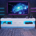 67" TV Stand for 75" TVs, High Gloss LED Media Console with Stone Doors, Drawer & Storage for Living Room, White