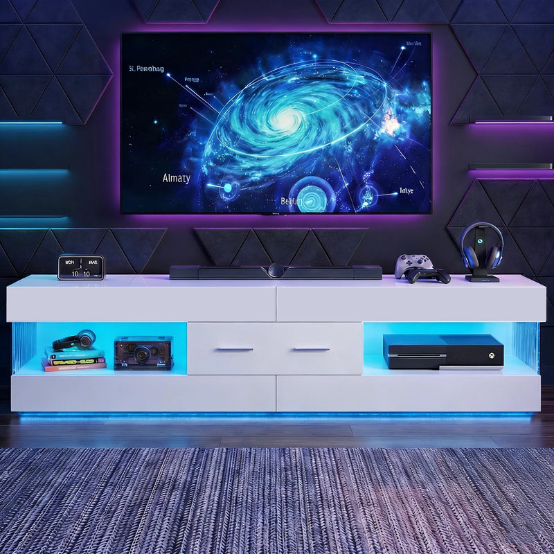 67" TV Stand for 75" TVs, High Gloss LED Media Console with Stone Doors, Drawer & Storage for Living Room, White