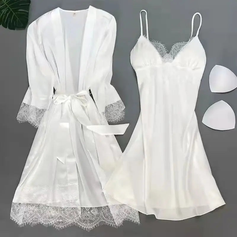 White Sleep Set Pajamas Lady Lace Satin Pyjamas Kimono | SAMAG