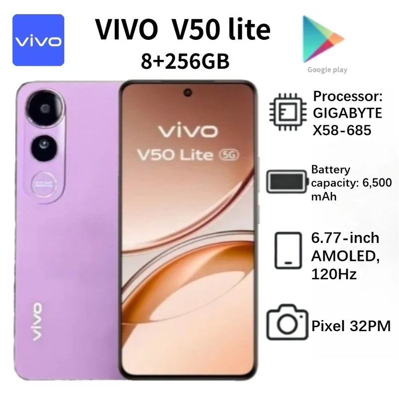 Vivo V50 Lite 5G Global Edition Smartphone 2026 Latest Model 6.77-inch 120Hz AMOLED Display 6500mAh Battery 8+256GB Smartphone