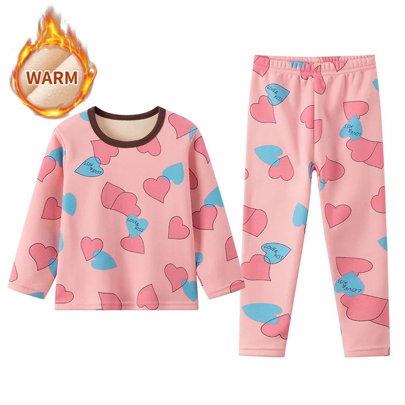 2-piece Autumn And Winter Children's Plush Thick Warm Home Underwear Set For Boys And Girls Fun And Cute Tops Comfortable Pants