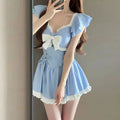 Women's One Piece Swimdress Light White Bow Ruffled Cap | SAMAG