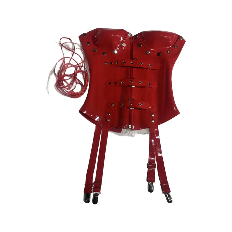 Sexy Red 0.8mm Thicker Latex Corset Bustier Body Shape Detachable Breast Cup with Front Zip Back Lace