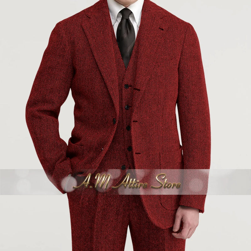 Grey Exquisite Men 3pcs Suit Herringbone Peak Lapel Jacket Vest Pants Set for Wedding Prom Graduation Birthday Party Father Gift
