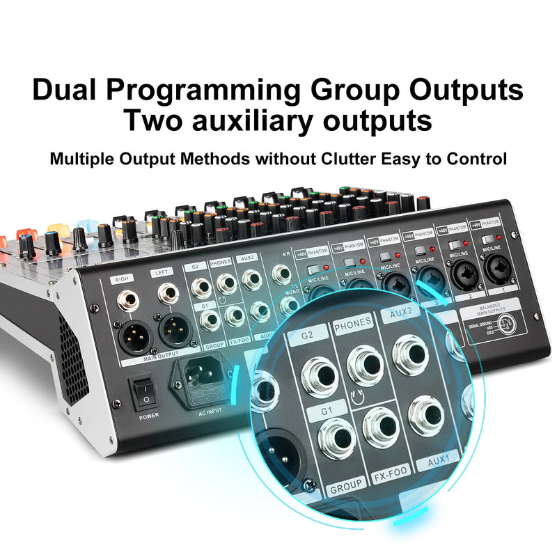 FLALWREO 8 / 12Channel Audio Interfacer DJ Mixer Sound Board 99-Bit DSP Effect USB Audio Mixer Effects +48V Phantom Bluetooth fo