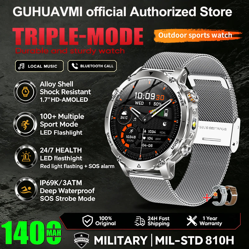 New 1400mAh Battery Sports Smart Watch 1.7” SOS+Flashlight Exercise Record Bluetooth Call Waterproof Health Watch For Android iO