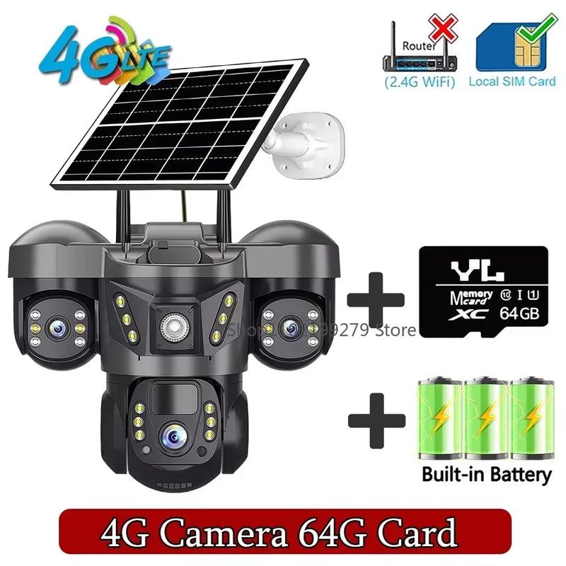 Solar 4G/WIFI IP Camera 15MP Three Lens Three Screen  Waterproof Monitor Night Vision Security Protection PTZ Video Surveillance