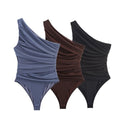 Summer Asymmetric Sleeveless Pleated Silk Mesh Bodysuit Women Single Shoulder Slim Fit Jumpsuit Female Beach Holidays Wear 2026