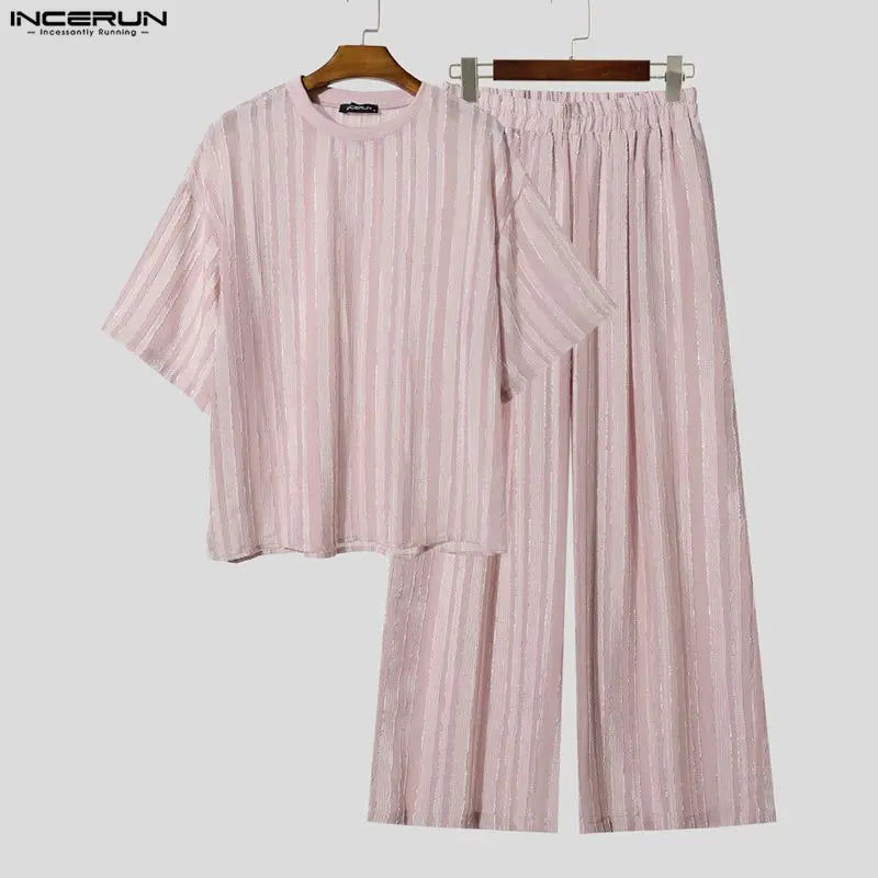 INCERUN Men's Sets Striped See Through Short Sleeve T Shirt Pants Two Piece Streetwear Loose Fashion - View 4 | SAMAG
