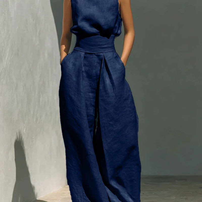 2026 Sleeveless Top+Wide Leg Pants Summer Casual Two-Piece Set Elegant And Loose Office Set High Street Pocket Women's Suits