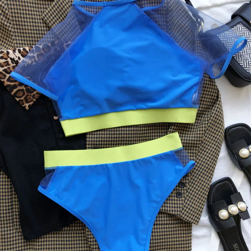 Sexy Mesh Tankini Patchwork High Waist Swimsuit O-neck | SAMAG